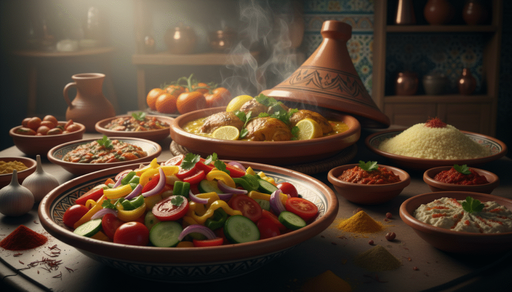 A beautifully arranged Moroccan dining table featuring traditional dishes like tagine, couscous, and flavorful dips, with vibrant spices scattered around. In the foreground, focus on a bowl of colorful vegetables, highlighting their freshness, while in the center, steaming tagine showcases a lamb or chicken dish, garnished with herbs. A soft, glowing light illuminates the scene, casting warm shadows that enhance the rich colors of the food. In the background, blurred hints of a Moroccan-style kitchen and decorative tiles complement the meal, evoking both the inviting and complex nature of traditional Moroccan cuisine. The atmosphere exudes a blend of warmth and caution, suggesting both the delight and potential health concerns associated with these rich flavors and ingredients, aimed to provoke thought about food safety practices.