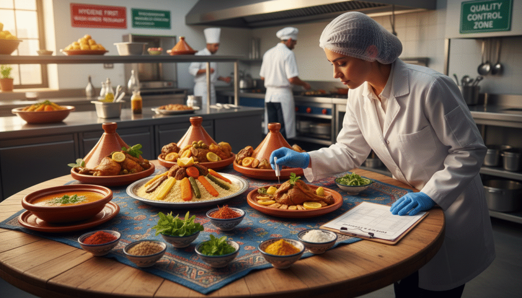 A beautifully arranged display of traditional Moroccan cuisine, featuring vibrant dishes such as tagine, couscous, and harira soup, presented on a decorative table adorned with intricate Moroccan textiles. In the foreground, a professional food safety inspector, dressed in a crisp white lab coat and wearing gloves, examines a plate of freshly prepared food, emphasizing hygiene and safety. In the middle ground, fresh herbs and spices typical of Moroccan cooking, like saffron, cumin, and cilantro, are artistically scattered. The background showcases a well-organized kitchen environment with clear signage promoting food safety practices. The lighting is warm and inviting, highlighting the colors of the food, while evoking a sense of professionalism and responsibility. The atmosphere conveys a commitment to food safety and quality.
