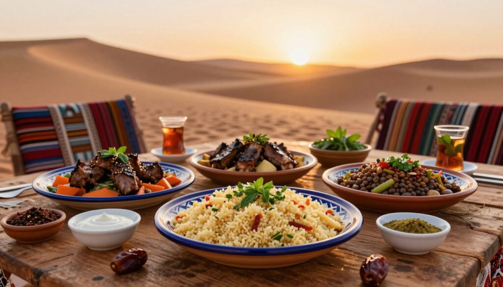 A beautifully arranged table displaying traditional Sahara local cuisine, featuring a colorful spread of dishes such as couscous, grilled meats, and lentil salads. In the foreground, a vibrant ceramic plate filled with couscous garnished with herbs, surrounded by small bowls of spices and dips. The middle ground showcases a rustic wooden table, adorned with woven textiles that reflect the desert's hues. In the background, the warm glow of sunset casts golden light on sand dunes, enhancing the inviting atmosphere. The scene is further enhanced by scattered dates and mint tea, evoking the rich culinary culture of the Sahara. Shot with a soft focus lens to create a warm, welcoming mood. A beautifully arranged table displaying traditional Sahara local cuisine, featuring a colorful spread of dishes such as couscous, grilled meats, and lentil salads. In the foreground, a vibrant ceramic plate filled with couscous garnished with herbs, surrounded by small bowls of spices and dips. The middle ground showcases a rustic wooden table, adorned with woven textiles that reflect the desert's hues. In the background, the warm glow of sunset casts golden light on sand dunes, enhancing the inviting atmosphere. The scene is further enhanced by scattered dates and mint tea, evoking the rich culinary culture of the Sahara. Shot with a soft focus lens to create a warm, welcoming mood.
