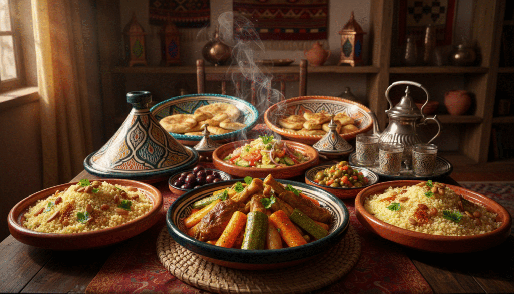 A beautifully arranged table featuring traditional Moroccan cuisine. In the foreground, a stunning tagine dish, intricately decorated, filled with vibrant vegetables and tender meat, emits a warm steam. Surrounding the tagine are colorful couscous bowls garnished with herbs and spices, along with small plates of olives and zesty salads. In the middle ground, decorative Moroccan ceramics showcase a rich palette of blues and oranges, enhancing the visual appeal. The background features a softly lit room adorned with rustic wooden elements and patterned textiles, creating a cozy atmosphere. Natural golden light filters in through a nearby window, casting gentle shadows and adding depth. This inviting scene captures the essence of Moroccan food and dining etiquette, emphasizing hospitality and vibrant flavors.