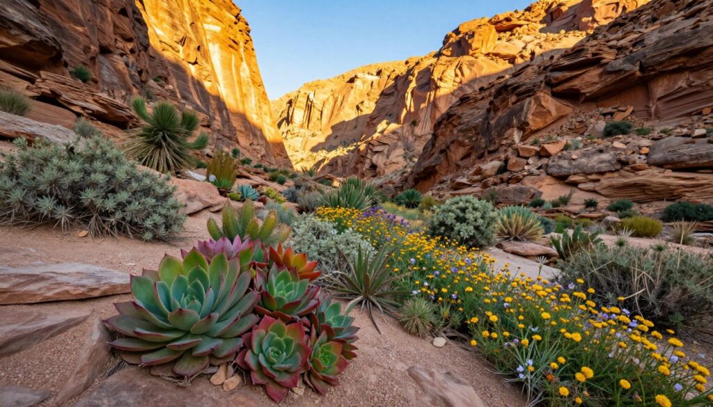 A breathtaking scene of unique flora in Todra Gorge, showcasing vibrant desert plants and wildflowers nestled among the rocky cliffs. In the foreground, a cluster of hardy succulents with striking colors, contrasting against the rugged terrain. The middle ground reveals a mix of small shrubs and delicate blooms that thrive in this arid environment, their textures highlighted by warm sunlight. Towering cliffs rise majestically in the background, bathed in the golden glow of a late afternoon sun, casting soft shadows across the gorge. The atmosphere feels tranquil yet vibrant, inviting hikers to explore. The image should be captured with a wide-angle lens to emphasize the expansive landscape, with soft, natural lighting enhancing the flora's vivid hues without any text or watermarks.