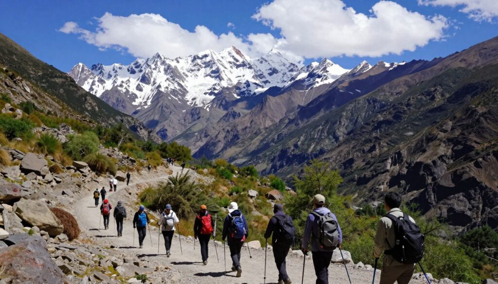 A breathtaking view of the Atlas Mountains, capturing the essence of hiking in this majestic landscape. In the foreground, a diverse group of hikers in modest outdoor clothing, enjoying the adventure, with backpacks and trekking poles. The middle ground features winding trails leading through rocky terrain and lush patches of greenery, showcasing the varied flora of the region. In the background, towering snow-capped peaks rise against a bright blue sky, dotted with fluffy white clouds. The sunlight casts dramatic shadows on the mountains, enhancing their rugged beauty. The mood is energetic and invigorating, inviting viewers to explore this stunning outdoor paradise. The image should be captured from a dynamic angle, emphasizing depth and scale, with a focus on natural light.