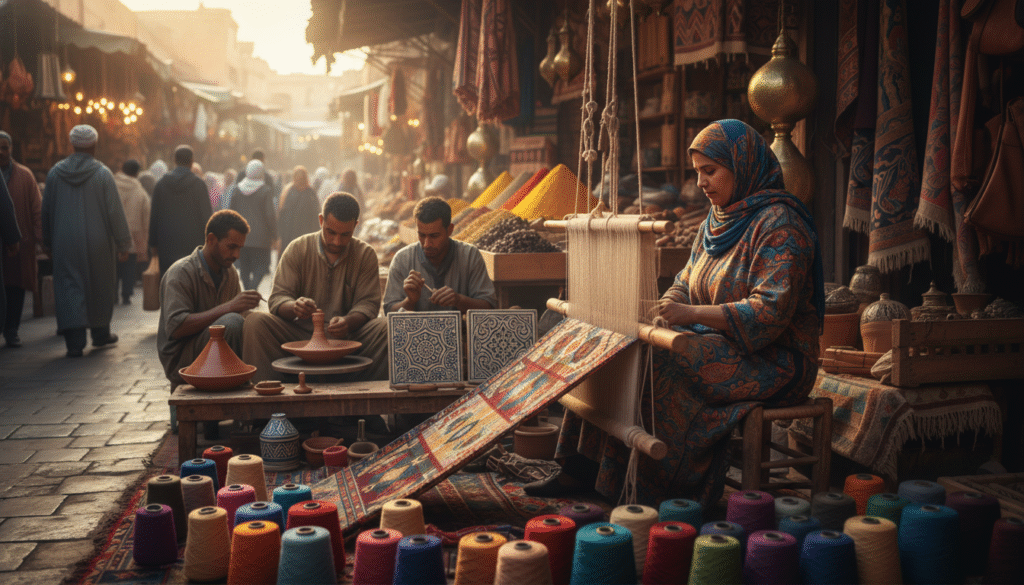 A bustling Moroccan market scene showcasing local artisans at work, carefully handcrafting traditional goods. In the foreground, a female artisan clad in modest, colorful attire is skillfully weaving a vibrant rug, surrounded by spools of intricate yarn. The middle ground features a group of artisans collaborating, one focused on pottery while another paints decorative tiles, each piece reflecting traditional Moroccan patterns. The background captures the essence of a lively souk, with sun-drenched stalls filled with spices, textiles, and crafts. The scene is bathed in warm, golden light, evoking a welcoming atmosphere, enhanced by a slightly blurred depth of field to emphasize the artisans and their crafts. The angle is slightly elevated, providing a comprehensive view of this unique cultural experience.