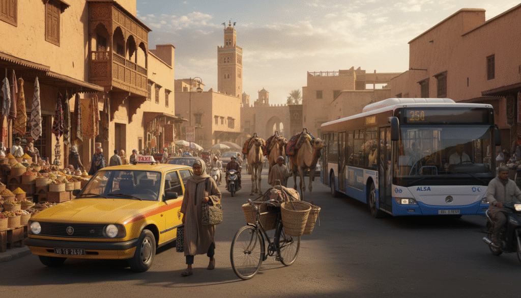 A bustling Moroccan street scene showcasing various transportation options. In the foreground, a colorful traditional taxi with a vibrant yellow hue, parked beside a weathered bicycle adorned with woven baskets. A pedestrian in modest casual clothing walks past, adding to the lively atmosphere. In the middle ground, a line of camels carrying goods, highlighting the traditional mode of transport, flanked by a modern bus, reflecting the country's blend of culture and modernity. The background features the iconic architecture of a Moroccan city, draped in the warm glow of late afternoon sunlight, casting soft shadows and creating a welcoming ambiance. Capture this scene with a wide-angle lens, ensuring depth and clarity, emphasizing the harmonious fusion of old and new transportation methods in Morocco.