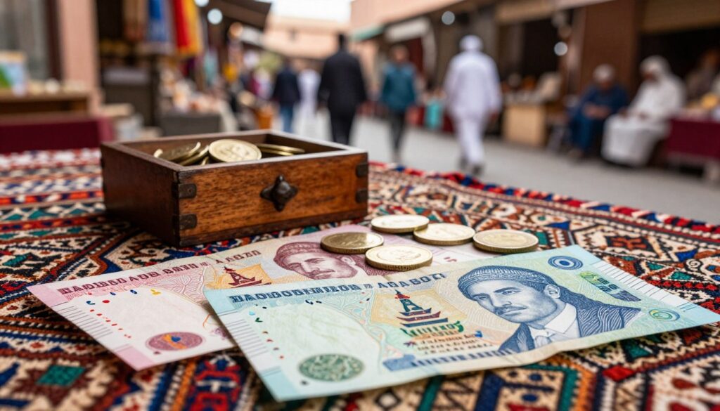 A detailed close-up view of Moroccan currency, featuring colorful banknotes and coins placed on a traditional Moroccan textile, showcasing intricate patterns. The foreground highlights the vibrant colors of the notes, with detailed imagery of significant historical figures and symbols. In the middle ground, a small wooden box holds some of the coins, emphasizing local craftsmanship. The background softly blurs into a bustling Marrakech market scene, where merchants and locals interact under bright, warm sunlight, adding depth. The atmosphere is lively yet inviting, capturing the essence of Marrakech's rich culture. Use a warm, diffused lighting to enhance the textures and colors, shot with a 50mm lens for a natural focus.
