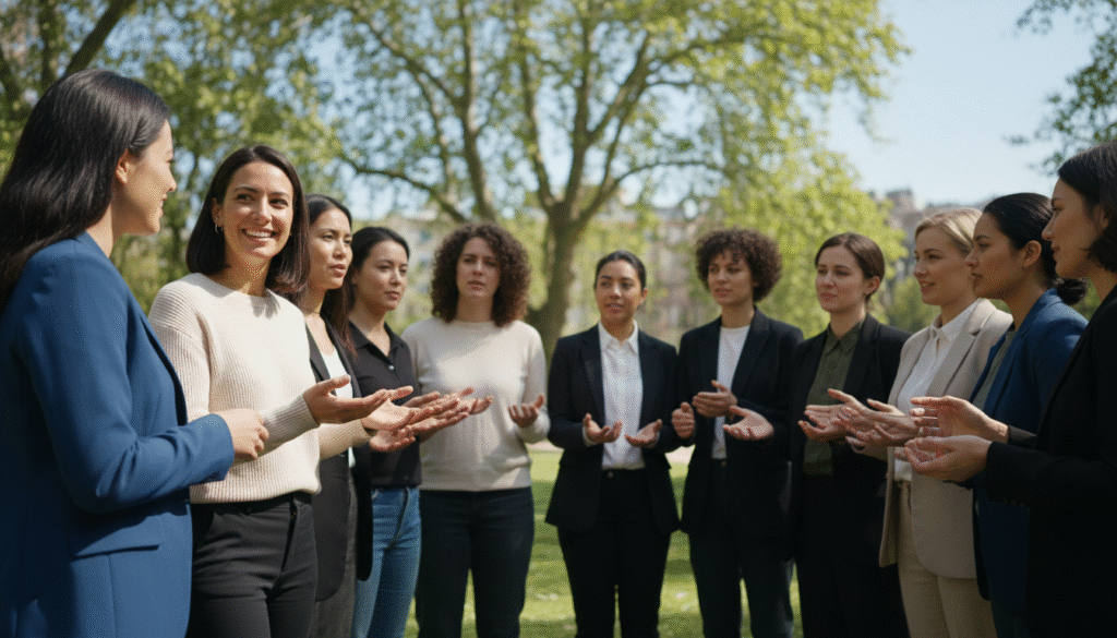 A diverse group of women of various ethnicities and ages, standing together in a sunny urban park, symbolizing unity and strength in building a support network. Foreground: two women, one in a tailored blazer and the other in a smart casual outfit, engaged in a friendly conversation, showing camaraderie. Middle ground: other women gather nearby, participating in an empowering discussion, sharing experiences and strategies for avoiding harassment. Background: lush green trees and a bright blue sky, creating an uplifting and hopeful atmosphere. Soft, natural lighting enhances the scene, giving it a warm and inviting feel. The composition should be captured with a shallow depth of field, focusing on the women while softly blurring the background, evoking a sense of community and support.