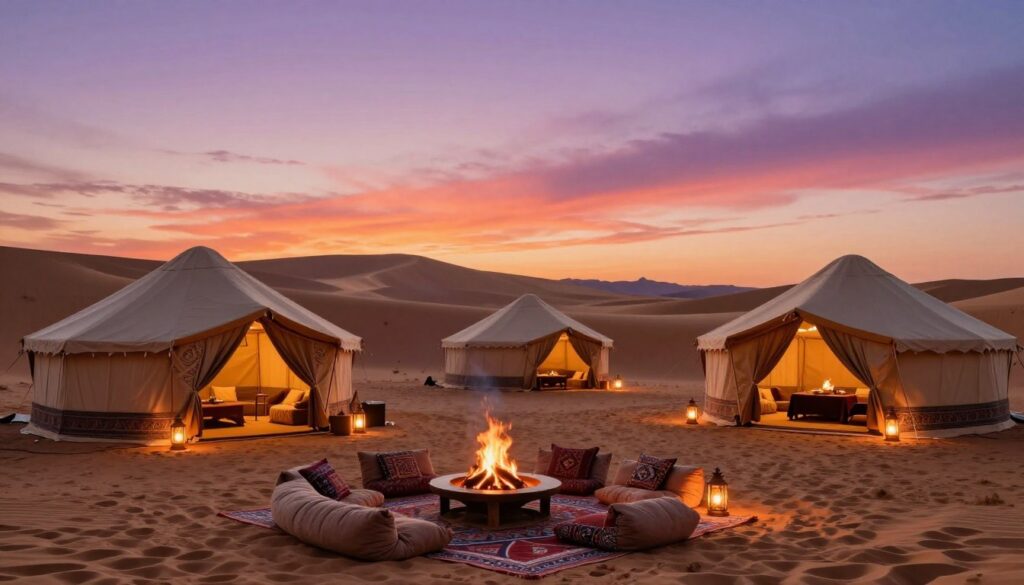 A luxurious desert camp nestled in the Sahara, featuring elegant tent structures with intricate patterns and warm, inviting interiors. In the foreground, plush cushions and low tables are arranged around an inviting bonfire, surrounded by glowing lanterns. The middle ground showcases the ornate tents, their fabric billowing gently in the soft desert breeze, complemented by decorative rugs on the warm sand. In the background, majestic sand dunes rise under a vibrant sunset sky with hues of orange, pink, and purple. Soft, ambient light highlights the scene, creating a serene and cozy atmosphere, perfect for relaxation after a day of hiking in the Atlas Mountains. The angle captures the vastness of the desert, emphasizing the uniqueness of a luxury camp experience among nature. A luxurious desert camp nestled in the Sahara, featuring elegant tent structures with intricate patterns and warm, inviting interiors. In the foreground, plush cushions and low tables are arranged around an inviting bonfire, surrounded by glowing lanterns. The middle ground showcases the ornate tents, their fabric billowing gently in the soft desert breeze, complemented by decorative rugs on the warm sand. In the background, majestic sand dunes rise under a vibrant sunset sky with hues of orange, pink, and purple. Soft, ambient light highlights the scene, creating a serene and cozy atmosphere, perfect for relaxation after a day of hiking in the Atlas Mountains. The angle captures the vastness of the desert, emphasizing the uniqueness of a luxury camp experience among nature.