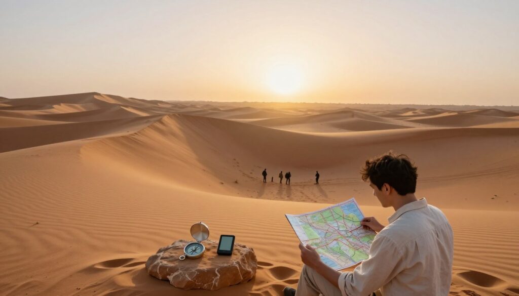A panoramic view of the Sahara Desert at dawn, showcasing expansive golden sand dunes that stretch towards the horizon. In the foreground, a small group of travelers in modest, light-colored clothing consults a detailed map, their attire blending with the desert's serene landscape. The middle ground features a compass and a GPS device placed on a rock, symbolizing navigation tools. The background reveals a stunning sunrise casting a warm glow over the dunes, with soft, inviting shadows highlighting the curves of the sand. The atmosphere is calm yet adventurous, emphasizing the importance of safe navigation through this vast landscape. The scene is captured with a wide-angle lens, creating a sense of vastness while maintaining focus on the navigation theme. A panoramic view of the Sahara Desert at dawn, showcasing expansive golden sand dunes that stretch towards the horizon. In the foreground, a small group of travelers in modest, light-colored clothing consults a detailed map, their attire blending with the desert's serene landscape. The middle ground features a compass and a GPS device placed on a rock, symbolizing navigation tools. The background reveals a stunning sunrise casting a warm glow over the dunes, with soft, inviting shadows highlighting the curves of the sand. The atmosphere is calm yet adventurous, emphasizing the importance of safe navigation through this vast landscape. The scene is captured with a wide-angle lens, creating a sense of vastness while maintaining focus on the navigation theme.