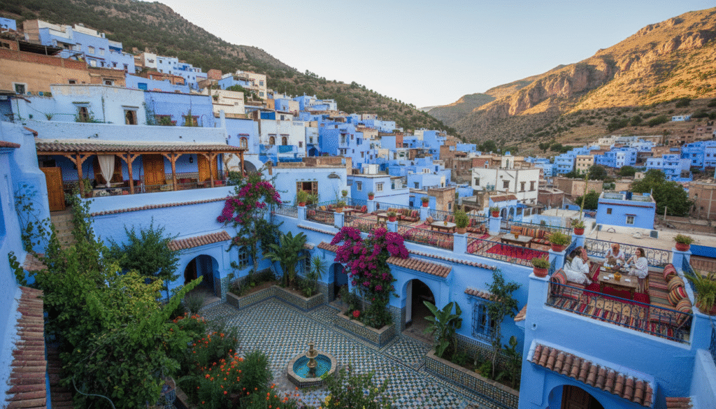 A picturesque scene of Chefchaouen accommodations nestled in the blue-washed mountains of Morocco. In the foreground, a charming riad with intricate tilework and a vibrant garden filled with blooming flowers and lush greenery. The middle layer features cozy terraces with traditional Moroccan seating, adorned with colorful cushions, inviting guests to relax and enjoy the stunning views. In the background, the iconic blue-hued buildings stack up the hillside, blending seamlessly with the mountainous landscape under a clear blue sky. Soft, warm sunlight casts gentle shadows, creating a serene and welcoming ambiance. The overall mood is tranquil and inviting, perfect for a peaceful getaway in a hidden gem. The angle captures a slightly elevated view, emphasizing the beauty of the accommodations set against the natural backdrop.