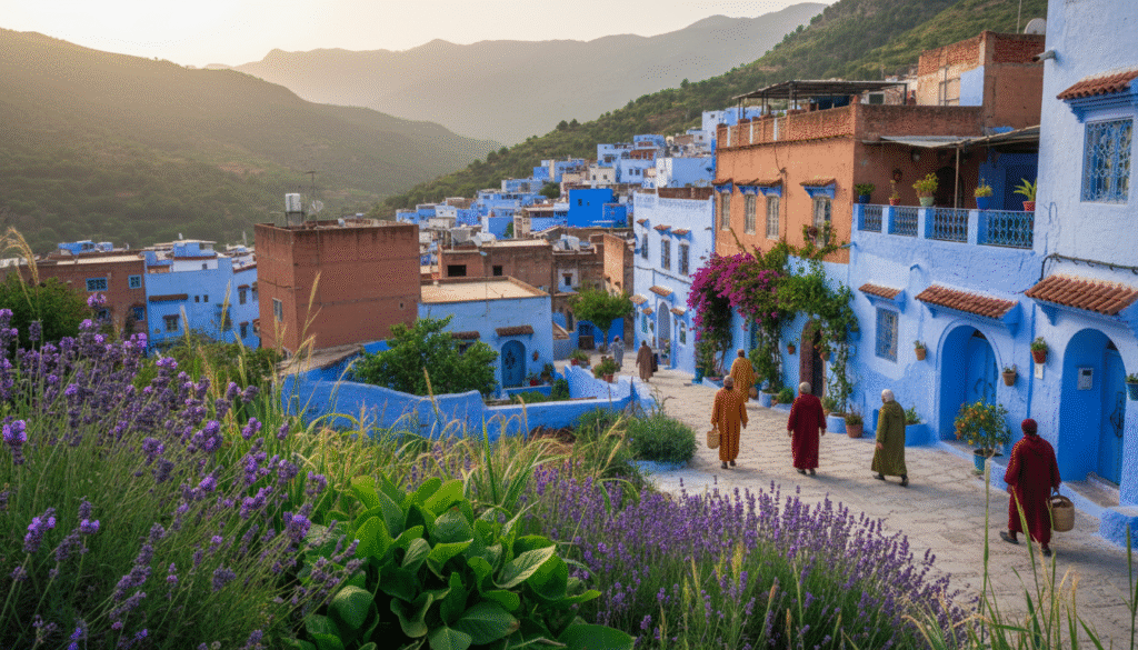 A picturesque view of Chefchaouen during the spring season, showcasing the town's iconic blue buildings nestled in the Rif Mountains. In the foreground, blooming purple flowers and lush green foliage create a vibrant atmosphere. The middle ground features the charmingly winding streets lined with blue-painted terracotta houses, balconies adorned with potted plants, and locals dressed in modest, colorful attire going about their day. The background reveals the misty mountains, partially obscured by a gentle, golden evening light that bathes the scene in warmth. Capture the essence of tranquility and beauty, with soft lighting that enhances the blues and greens, and a slight depth of field to add focus to the foreground details. The mood is inviting, highlighting the serene and picturesque nature of this iconic Moroccan town.