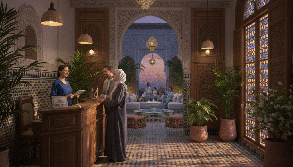 A serene and inviting Moroccan accommodation scene that emphasizes safety and comfort. In the foreground, a modestly dressed couple is seen checking in at a traditional riad reception, showcasing friendly interaction with a professional host in a smart outfit. The middle ground reveals intricately designed Moroccan decor, featuring warm colors, soft lighting, and lush indoor plants that create an atmosphere of tranquility. In the background, an open courtyard with vibrant tiles and comfortable lounge seating hints at community and relaxation. The lighting is warm and inviting, with gentle evening sun filtering through ornate windows, casting soft shadows and enhancing the cozy ambiance. This image should evoke a sense of security and the importance of wisely choosing accommodations while traveling. A serene and inviting Moroccan accommodation scene that emphasizes safety and comfort. In the foreground, a modestly dressed couple is seen checking in at a traditional riad reception, showcasing friendly interaction with a professional host in a smart outfit. The middle ground reveals intricately designed Moroccan decor, featuring warm colors, soft lighting, and lush indoor plants that create an atmosphere of tranquility. In the background, an open courtyard with vibrant tiles and comfortable lounge seating hints at community and relaxation. The lighting is warm and inviting, with gentle evening sun filtering through ornate windows, casting soft shadows and enhancing the cozy ambiance. This image should evoke a sense of security and the importance of wisely choosing accommodations while traveling.