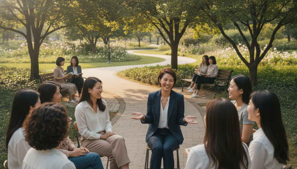 A serene park scene illustrating a safe environment for women, with diverse women gathered in a circle, engaged in conversation and laughter. In the foreground, a woman in professional attire gestures warmly, emphasizing inclusivity. In the middle ground, several trees provide shade, while a small group of women sits on benches, reading and sharing stories. In the background, a peaceful path winds through the park, with soft sunlight filtering through the leaves, creating dappled shadows on the ground. The atmosphere is warm and inviting, filled with a sense of community and support. The lighting is soft and natural, capturing a bright day, and the angle is from slightly above eye level, giving a broad view of the safe space created by the women.