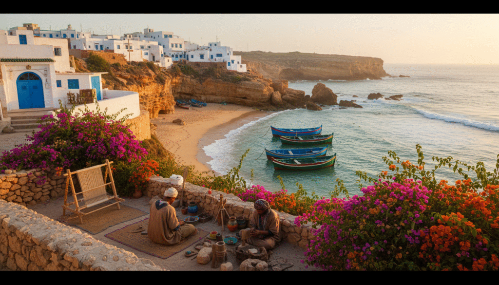 A serene view of a secluded Moroccan coastal town, showcasing traditional white-washed buildings with blue accents nestled against rugged cliffs. In the foreground, vibrant bougainvillea plants climb along stone walls, while local artisans can be seen in modest casual clothing, creating handicrafts. In the middle ground, fishermen's boats are gently bobbing on the turquoise waters, with a small, sandy beach inviting visitors. The background features dramatic cliffs and rolling waves, with the sun setting, casting a warm golden light that enhances the tranquil atmosphere. The scene captures the essence of Moroccan culture, evoking a sense of peaceful retreat and hidden gems along the coast. Shot with a 35mm lens for an intimate perspective, emphasizing texture and color.
