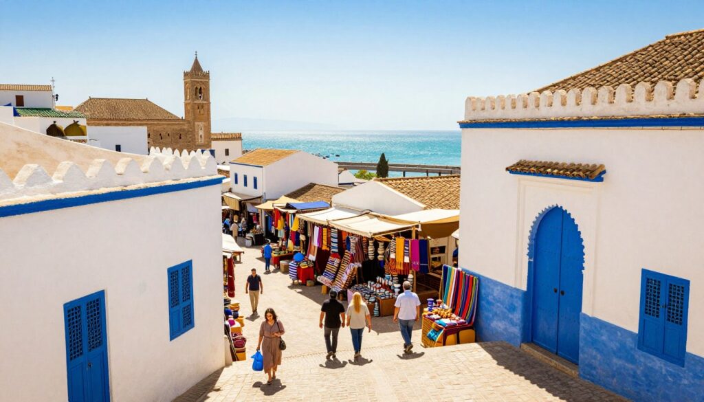 A vibrant and inviting scene of Tangier’s must-see attractions, featuring the iconic Kasbah of Tangier with its white-washed buildings and majestic blue accents in the foreground. In the middle ground, showcase the bustling Medina filled with colorful market stalls, displaying local pottery and textiles, while visitors in modest casual clothing explore the area, giving a feel of cultural immersion. In the background, capture the panoramic view of the Strait of Gibraltar, with shimmering turquoise waters and a clear blue sky. Use warm, natural lighting to evoke a cheerful, adventurous atmosphere, and frame the scene from a slightly elevated angle to provide depth and context to the attractions.