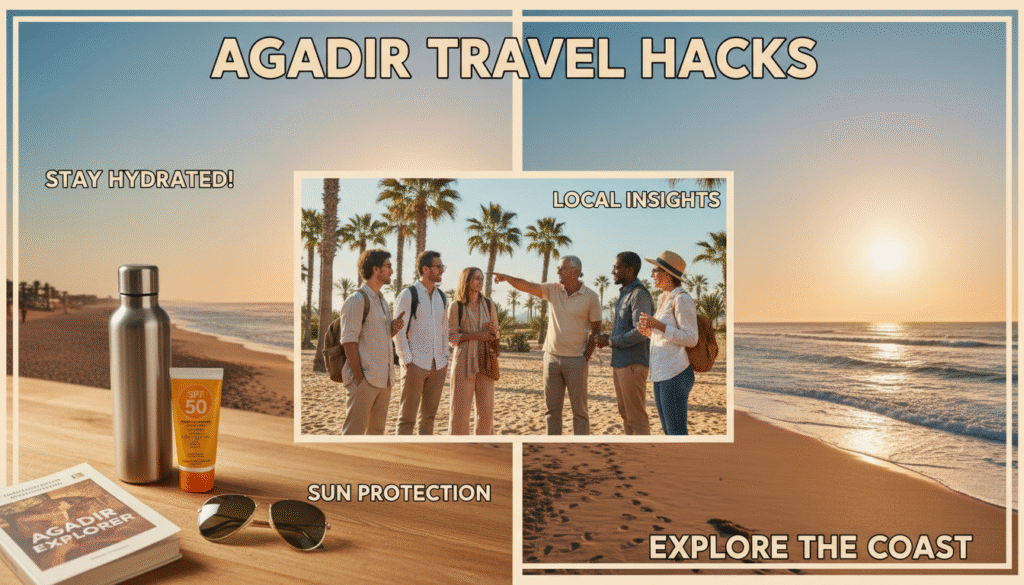 A vibrant collage illustrating practical travel tips for Agadir. In the foreground, a table featuring essential travel items like a Moroccan guidebook, sunglasses, sunscreen, and a reusable water bottle, all neatly arranged. The middle layer showcases an inviting scene with a diverse group of tourists, dressed in casual but modest clothing, discussing their plans with a local guide, surrounded by scenic beaches and palm trees. In the background, the stunning coastline of Agadir with golden sandy beaches and breaking waves under a bright blue sky, complemented by a gentle sun setting over the horizon. The lighting is warm and inviting, creating a relaxed holiday atmosphere, capturing the essence of adventure and exploration. The composition is balanced and harmonious, drawing the viewer into the experience of traveling to Agadir.