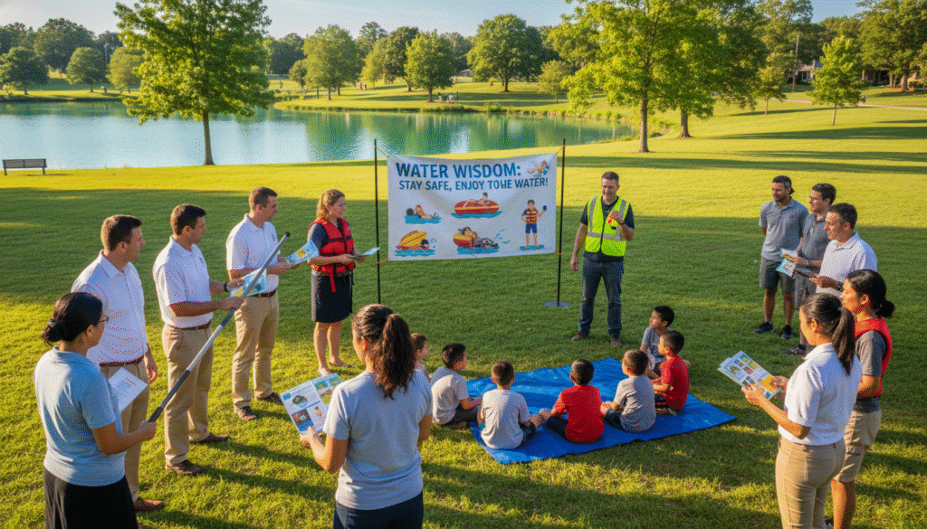 A vibrant community gathering focused on water safety, set in a sunny park by a clean lake. In the foreground, diverse individuals in professional attire and modest casual clothing, such as collared shirts and khakis, actively engage in a water safety workshop, demonstrating proper techniques and sharing informative brochures. In the middle ground, a colorful banner showcasing water safety tips flutters gently in the breeze, while a group of children attentively listens to an adult instructor nearby. The background features lush greenery and a clear blue sky, enhancing the atmosphere of a bright, welcoming day. Soft sunlight casts warm, inviting shadows, evoking a sense of community spirit and engagement in water safety education.