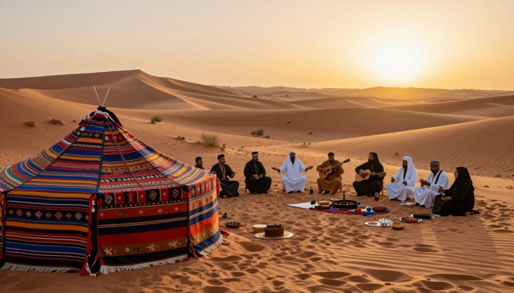 A vibrant depiction of Berber culture in Erg Chegaga, featuring a traditional tent adorned with colorful textiles in the foreground. In the middle ground, a group of Berber men and women, modestly dressed in flowing, traditional garments, are engaged in a cultural celebration, showcasing music and local crafts. The ambiance is warm, lit by the soft glow of a setting sun casting golden tones on the desert landscape. The background reveals rolling sand dunes bathed in rich hues of orange and gold, punctuated by sparse vegetation. The scene evokes a sense of serenity and community, with an inviting atmosphere that captures the essence of Berber heritage in the desert.