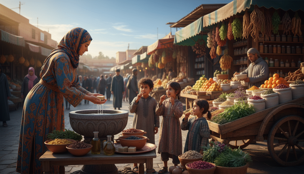 A vibrant marketplace scene in Morocco, showcasing personal hygiene practices. In the foreground, a Moroccan woman in modest, colorful clothing demonstrates handwashing at a communal water basin, with soap and natural products nearby. In the middle, children are observed using traditional methods for oral hygiene, like miswak sticks, surrounded by aromatic herbs. In the background, the bustling market is filled with stalls selling fresh produce and traditional herbal remedies, under a clear blue sky. Soft, warm afternoon lighting enhances the atmosphere, creating a lively yet serene mood. The image captures the essence of community and daily cleanliness practices, reflecting the cultural significance of personal hygiene in Moroccan life. A vibrant marketplace scene in Morocco, showcasing personal hygiene practices. In the foreground, a Moroccan woman in modest, colorful clothing demonstrates handwashing at a communal water basin, with soap and natural products nearby. In the middle, children are observed using traditional methods for oral hygiene, like miswak sticks, surrounded by aromatic herbs. In the background, the bustling market is filled with stalls selling fresh produce and traditional herbal remedies, under a clear blue sky. Soft, warm afternoon lighting enhances the atmosphere, creating a lively yet serene mood. The image captures the essence of community and daily cleanliness practices, reflecting the cultural significance of personal hygiene in Moroccan life.