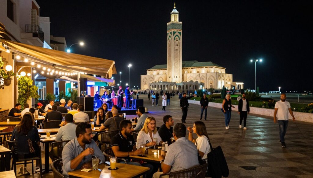 A vibrant nighttime scene of Casablanca, showcasing bustling nightlife and entertainment. In the foreground, a lively outdoor café with patrons enjoying drinks and conversations, some in modest casual clothing, reflecting a mix of local culture and cosmopolitan style. The middle ground features a popular street with illuminated buildings, live music spilling from a nearby venue, and street performers captivating an audience. In the background, the iconic Hassan II Mosque is softly lit against the night sky, adding architectural grandeur. The atmosphere is warm and inviting, with string lights illuminating the café, creating a celebratory mood. The scene is shot from a slightly elevated angle, capturing the lively streets below, with the city lights twinkling in the cool night air.