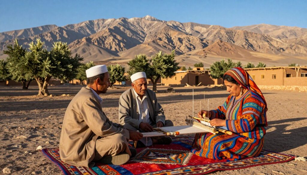 A vibrant representation of Berber culture in a rural setting, showcasing a background of the majestic Atlas Mountains. In the foreground, two middle-aged Berber men, dressed in traditional modest clothing, are engaged in a lively discussion while seated on a colorful woven rug adorned with intricate patterns. To their side, a woman in a bright, patterned dress is expertly weaving using a traditional loom, her focused expression highlighting the artistry of her craft. The middle ground features a cluster of olive trees and adobe-style houses, typical of Berber villages, under a clear blue sky. The scene is bathed in warm, golden afternoon light, creating an inviting atmosphere that evokes a sense of community and cultural pride. The image is taken with a wide-angle lens to capture the expansive landscape and details, conveying a serene yet dynamic mood.