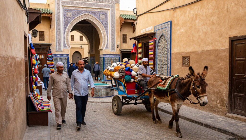 A vibrant scene capturing the essence of transportation in the Old Medina of Fes. In the foreground, a narrow, winding alley is bustling with activity: a couple of locals in modest casual clothing navigate the cobblestone path on foot, while a merchant transports goods on a traditional donkey cart. In the middle ground, colorful stalls display traditional Moroccan crafts, and an ornate tile fountain adds a cultural touch. The background features the aged, distinctive architecture of the medina with intricate doorways and beautiful mosaics, bathed in warm sunlight that filters through the narrow passageways. The angle is slightly elevated, giving a broader view of the lively atmosphere. The mood is energetic and inviting, reflecting the rich heritage of Fes as a travel destination.