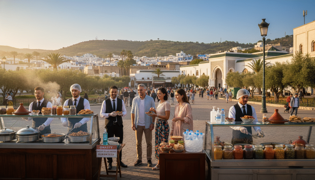 A vibrant scene depicting the bustling streets of a Moroccan city, showcasing the effects of tourism on hygiene standards. In the foreground, a local market with food vendors wearing professional business attire, ensuring cleanliness while serving traditional Moroccan dishes. The middle ground features tourists enjoying cultural experiences, like sampling food and water, with visible cleanliness during their interactions. In the background, traditional Moroccan architecture and surrounding lush landscapes, illuminated by warm, golden afternoon sunlight creating a welcoming atmosphere. The image should have a wide-angle view, capturing both the vibrancy of the market and the cleanliness standards that have been adopted due to tourism, illustrating the positive impact on hygiene. A vibrant scene depicting the bustling streets of a Moroccan city, showcasing the effects of tourism on hygiene standards. In the foreground, a local market with food vendors wearing professional business attire, ensuring cleanliness while serving traditional Moroccan dishes. The middle ground features tourists enjoying cultural experiences, like sampling food and water, with visible cleanliness during their interactions. In the background, traditional Moroccan architecture and surrounding lush landscapes, illuminated by warm, golden afternoon sunlight creating a welcoming atmosphere. The image should have a wide-angle view, capturing both the vibrancy of the market and the cleanliness standards that have been adopted due to tourism, illustrating the positive impact on hygiene.