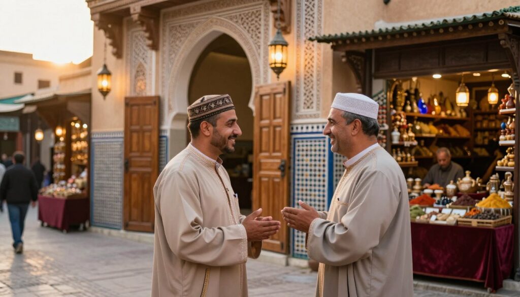 A vibrant scene in the Old Medina of Fes, focusing on cultural etiquette. In the foreground, two people dressed in modest, traditional Moroccan attire engage in a respectful conversation, showcasing a warm and friendly interaction. The middle ground features intricate wooden doors and colorful mosaic tiles typical of Fes architecture, adorned with hanging lanterns casting a soft glow. In the background, bustling market stalls with artisans selling handcrafted goods and spices create a lively atmosphere. The lighting is warm, with the sun setting behind the ancient buildings, creating a magical golden hour effect. The mood is welcoming and culturally rich, inviting viewers to appreciate the beauty and respect inherent in Fes's traditions.