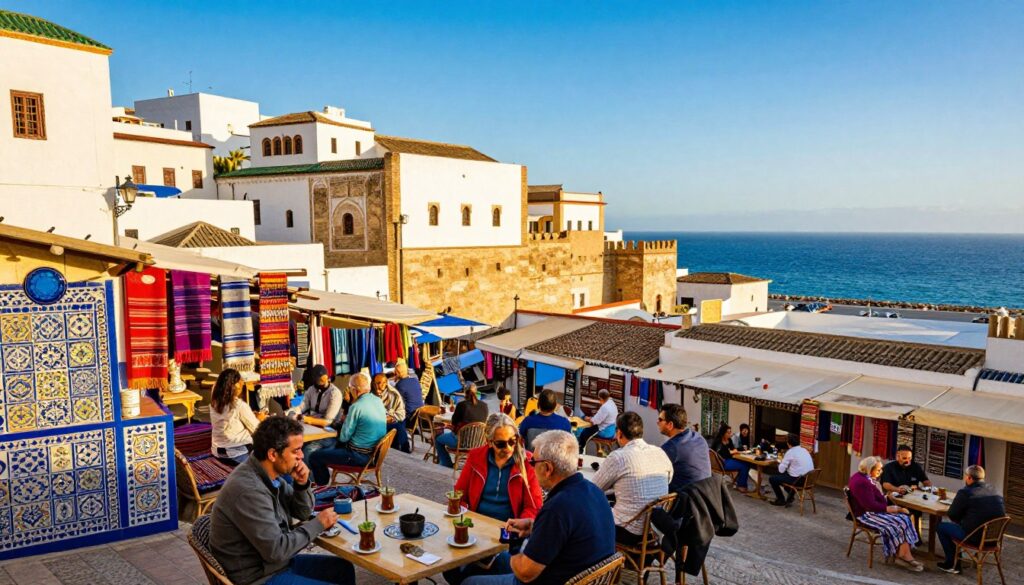 A vibrant scene of Tangier's key tourist attractions comes to life, showcasing the stunning blend of cultural and historical sites. In the foreground, a bustling café with patrons enjoying mint tea, surrounded by colorful Moroccan tiles. The middle ground features the iconic Kasbah with its whitewashed buildings and charming narrow streets, adorned with vibrant textiles and local crafts. In the background, the blue hues of the Mediterranean Sea sparkle under a bright, sunny sky. Capture this lively atmosphere with warm, inviting lighting, emphasizing the golden hour glow. Use a wide-angle lens to encompass the lively market atmosphere and the azure coast, evoking a sense of adventure and discovery in the heart of Tangier. A vibrant scene of Tangier's key tourist attractions comes to life, showcasing the stunning blend of cultural and historical sites. In the foreground, a bustling café with patrons enjoying mint tea, surrounded by colorful Moroccan tiles. The middle ground features the iconic Kasbah with its whitewashed buildings and charming narrow streets, adorned with vibrant textiles and local crafts. In the background, the blue hues of the Mediterranean Sea sparkle under a bright, sunny sky. Capture this lively atmosphere with warm, inviting lighting, emphasizing the golden hour glow. Use a wide-angle lens to encompass the lively market atmosphere and the azure coast, evoking a sense of adventure and discovery in the heart of Tangier.