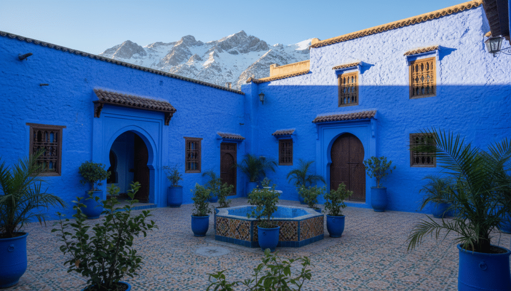 A vibrant scene of the Kasbah Museum in Chefchaouen, Morocco, showcasing its iconic blue walls and intricate architectural details. In the foreground, a tranquil courtyard filled with colorful Moroccan tiles and lush green plants invites exploration. The museum's imposing structure stands prominently in the middle, with arched doorways and ornate windows featuring traditional patterns. Towering mountains in the background provide a beautiful contrast, their peaks dusted with white snow under a clear blue sky. Soft, warm sunlight bathes the scene, enhancing the rich textures of the walls and the vibrant colors of the surrounding flora. The overall mood is serene and inviting, perfect for capturing the essence of Chefchaouen's charm.