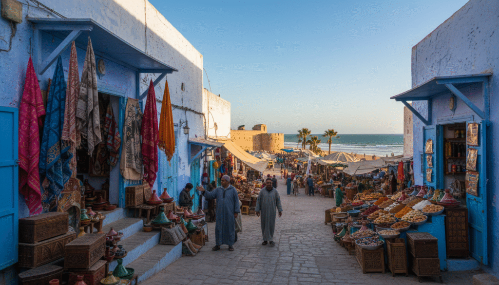 A vibrant scene showcasing the attractions of Essaouira's Medina, featuring narrow, winding alleys adorned with traditional blue and white buildings. In the foreground, colorful artisan stalls display handwoven textiles, ceramics, and wooden crafts, while modestly dressed locals engage in friendly conversation. The middle ground captures a bustling marketplace, where visitors browse stalls filled with spices and local delicacies. In the background, the iconic Essaouira ramparts and wind-swept beaches are visible under a clear blue sky. The warm golden light of the late afternoon sun casts soft shadows, creating a welcoming atmosphere. The image is captured with a wide-angle lens from a low angle to highlight the intricate details of the architecture and vibrant marketplace, embodying the enchanting spirit of Essaouira. A vibrant scene showcasing the attractions of Essaouira's Medina, featuring narrow, winding alleys adorned with traditional blue and white buildings. In the foreground, colorful artisan stalls display handwoven textiles, ceramics, and wooden crafts, while modestly dressed locals engage in friendly conversation. The middle ground captures a bustling marketplace, where visitors browse stalls filled with spices and local delicacies. In the background, the iconic Essaouira ramparts and wind-swept beaches are visible under a clear blue sky. The warm golden light of the late afternoon sun casts soft shadows, creating a welcoming atmosphere. The image is captured with a wide-angle lens from a low angle to highlight the intricate details of the architecture and vibrant marketplace, embodying the enchanting spirit of Essaouira.