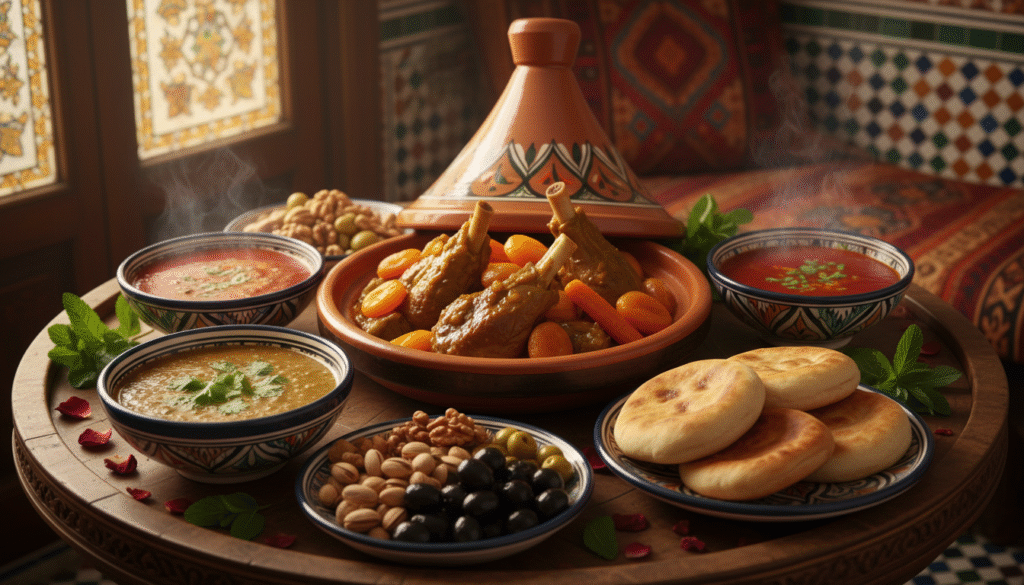 A beautifully arranged table of traditional Moroccan winter cuisine, featuring a tagine filled with slow-cooked lamb, carrots, and apricots, surrounded by bowls of hearty lentil soup and spicy harira. In the foreground, colorful Moroccan ceramic plates display a variety of warm breads, olives, and spiced nuts. The background showcases a cozy Moroccan setting with soft, ambient lighting, warm fabrics, and intricate tile work. Use a close-up angle to capture the rich textures and vibrant colors of the food, evoking a comforting and inviting atmosphere. Ideal for emulating the warmth of winter gatherings in Morocco, with soft golden light filtering through a window, enhancing the scene's warmth and inviting feel. A beautifully arranged table of traditional Moroccan winter cuisine, featuring a tagine filled with slow-cooked lamb, carrots, and apricots, surrounded by bowls of hearty lentil soup and spicy harira. In the foreground, colorful Moroccan ceramic plates display a variety of warm breads, olives, and spiced nuts. The background showcases a cozy Moroccan setting with soft, ambient lighting, warm fabrics, and intricate tile work. Use a close-up angle to capture the rich textures and vibrant colors of the food, evoking a comforting and inviting atmosphere. Ideal for emulating the warmth of winter gatherings in Morocco, with soft golden light filtering through a window, enhancing the scene's warmth and inviting feel.