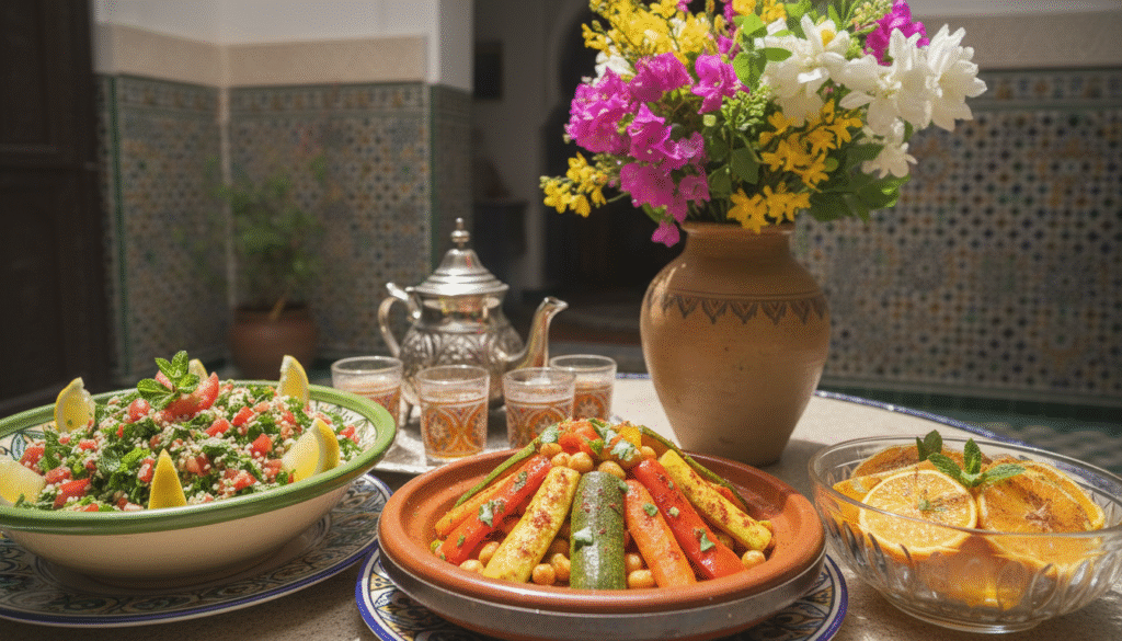 A beautifully arranged table showcasing Moroccan cuisine spring dishes in a sunlit courtyard. In the foreground, vibrant plates filled with seasonal dishes: fresh herb tabbouleh, colorful vegetable tagine with zucchini and bell peppers, and a bowl of fragrant orange salad topped with cinnamon. In the middle ground, traditional Moroccan teapots and mint tea glasses catch the sunlight, while a bouquet of blooming flowers adds a pop of color. The background features intricate tile work typical of Moroccan architecture, enhancing the cultural atmosphere. Soft natural light filters through, creating a warm, inviting mood. The camera angle captures the ensemble from a slightly elevated perspective, highlighting the rich textures and colors of the dishes while maintaining a cozy ambiance. A beautifully arranged table showcasing Moroccan cuisine spring dishes in a sunlit courtyard. In the foreground, vibrant plates filled with seasonal dishes: fresh herb tabbouleh, colorful vegetable tagine with zucchini and bell peppers, and a bowl of fragrant orange salad topped with cinnamon. In the middle ground, traditional Moroccan teapots and mint tea glasses catch the sunlight, while a bouquet of blooming flowers adds a pop of color. The background features intricate tile work typical of Moroccan architecture, enhancing the cultural atmosphere. Soft natural light filters through, creating a warm, inviting mood. The camera angle captures the ensemble from a slightly elevated perspective, highlighting the rich textures and colors of the dishes while maintaining a cozy ambiance.