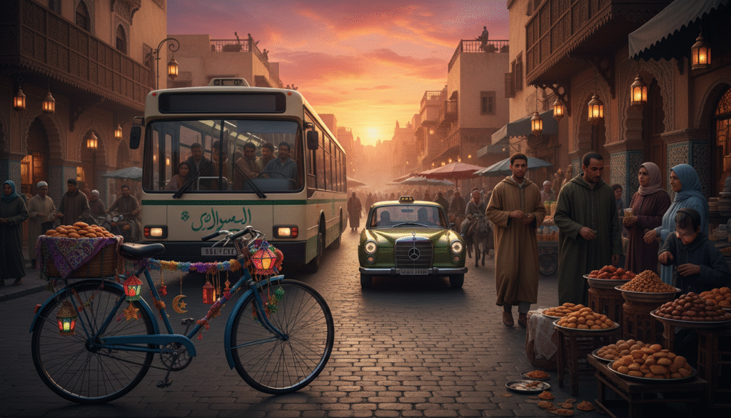 A bustling Moroccan street scene during Ramadan, showcasing diverse transportation methods. In the foreground, a traditional bicycle adorned with colorful Ramadan decorations. The middle ground features a modern bus, filled with passengers comfortably dressed in modest casual clothing, reflecting the spirit of community. In the background, the silhouette of a vintage taxi against a setting sun, illuminating the vibrant colors of the city. Warm golden hour lighting casts long shadows, creating a peaceful atmosphere. Incorporate arabesque architectural elements, like ornate buildings and lanterns, evoking a festive mood. A bustling street market can be seen, with vendors selling traditional foods, enhancing the cultural context. The scene captures the essence of transportation adjustments during Ramadan, emphasizing the unique blend of tradition and modernity.