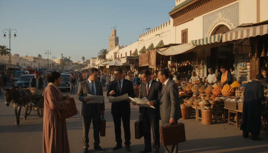 A bustling street scene in Casablanca, showcasing a diverse crowd of travelers navigating through the vibrant market atmosphere. In the foreground, individuals in professional business attire and modest casual clothing are interacting, holding maps, and discussing routes. The middle ground features colorful stalls filled with fresh produce and local handicrafts, adding rich textures and vivid colors to the scene. The background reveals iconic Moroccan architecture under a clear blue sky, emphasizing the city’s unique cultural charm. Soft, warm lighting creates an inviting mood, suggesting late afternoon. The camera angle is slightly elevated, capturing a dynamic perspective of the crowd and the lively environment, conveying a sense of movement and exploration in this coastal city.