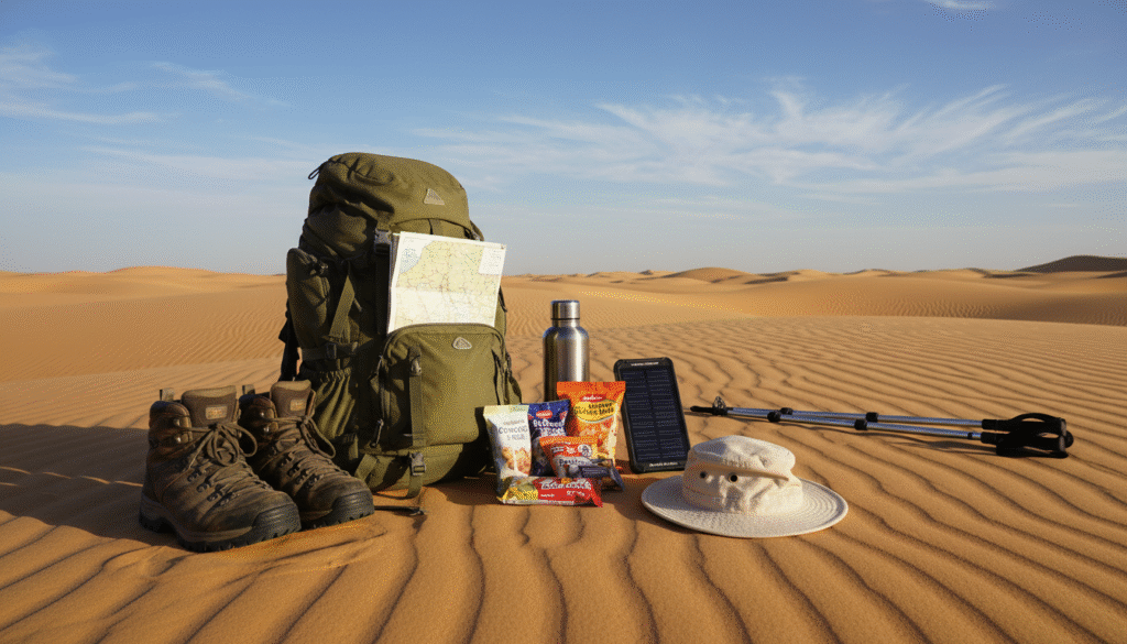 A detailed arrangement of Sahara Desert trekking essentials laid out on a camel-colored sand dune. In the foreground, showcase a sturdy, well-organized backpack, a map of the Sahara, a pair of durable trekking boots, and a bright, lightweight sun hat. In the middle, include essential items like a water bottle, high-energy snacks, a portable solar charger, and trekking poles. The background features vast dune formations under a brilliant blue sky with a few wispy clouds, capturing the vastness of the desert. The lighting should be warm and inviting, suggesting a late afternoon glow. The overall mood conveys adventure and preparedness, ideal for exploring the Sahara's rugged beauty. A detailed arrangement of Sahara Desert trekking essentials laid out on a camel-colored sand dune. In the foreground, showcase a sturdy, well-organized backpack, a map of the Sahara, a pair of durable trekking boots, and a bright, lightweight sun hat. In the middle, include essential items like a water bottle, high-energy snacks, a portable solar charger, and trekking poles. The background features vast dune formations under a brilliant blue sky with a few wispy clouds, capturing the vastness of the desert. The lighting should be warm and inviting, suggesting a late afternoon glow. The overall mood conveys adventure and preparedness, ideal for exploring the Sahara's rugged beauty.