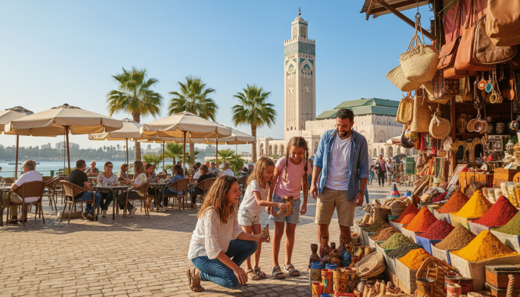 A lively scene capturing a family enjoying various activities in Casablanca, Morocco. In the foreground, a diverse family of four—two parents and two children—are playfully engaged in a colorful marketplace, examining vibrant spices and local crafts. The middle ground features a bustling café with patrons socializing under large umbrellas, presenting a warm, inviting atmosphere. In the background, the iconic Hassan II Mosque towers against a bright blue sky, enhancing the cultural ambiance. The lighting is bright and cheerful, with sunlight casting soft shadows. The image should evoke feelings of joy, togetherness, and cultural exploration, showcasing family-friendly activities in a beautiful Moroccan setting.
