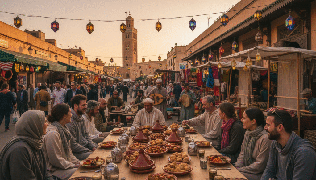 A lively scene depicting various activities for tourists in Morocco during Ramadan, focusing on cultural experiences. In the foreground, a group of tourists, dressed in modest clothing, enjoy a traditional Iftar meal at an outdoor table adorned with colorful Moroccan tableware. The middle ground features local artisans showcasing crafts and musicians playing traditional instruments, celebrating the festive atmosphere. In the background, the minaret of a mosque is illuminated by warm sunset light, casting a golden glow over the bustling street filled with vibrant decorations. The mood is joyful and inviting, reflecting the rich traditions of Morocco during the holy month, captured with a wide-angle lens for a dynamic perspective.