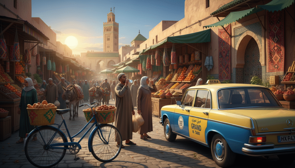 A lively street scene in Morocco showcasing various modes of transportation during Ramadan. In the foreground, a bicycle adorned with colorful baskets stands beside a traditional Moroccan taxi, painted in vibrant colors. Shimmering in the late afternoon sun, locals in modest, casual clothing prepare for iftar, the evening meal. In the middle ground, a bustling marketplace features vendors selling fresh fruits, spices, and textiles, creating a lively atmosphere. The background showcases a traditional Moroccan architectural landscape, with intricate tile work and desert-hued buildings under a clear blue sky. The warm, golden light of the setting sun casts long shadows, enhancing the sense of community and cultural richness. The overall mood is vibrant and welcoming, emphasizing the charm of transportation in Morocco during Ramadan.