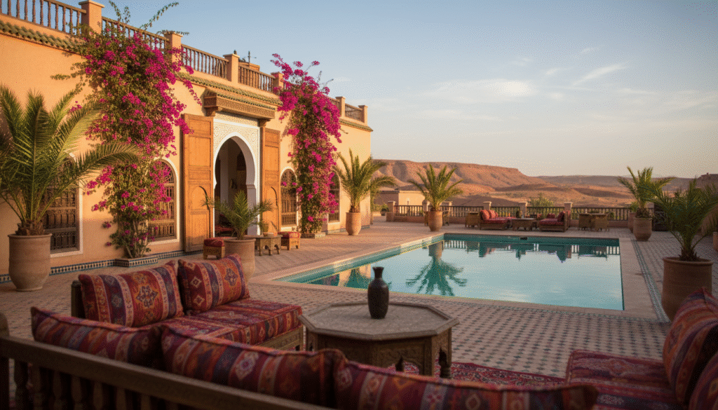 A picturesque Moroccan accommodations scene in October, featuring a charming riad with intricate tilework and lush gardens. In the foreground, elegant traditional seating with plush cushions invites relaxation. The middle ground showcases the riad's ornate facade, adorned with vibrant bougainvillea, while an inviting pool reflects the warm autumn sunlight. In the background, the Saharan foothills create a stunning backdrop under a clear blue sky. The scene is bathed in golden, late afternoon light, evoking a serene and welcoming atmosphere. Capture the essence of warm hospitality and cultural richness, using a soft focus lens for an intimate feel, angled slightly to emphasize the beauty of the architecture and surroundings. This composition should evoke tranquility and a sense of adventure in Morocco.