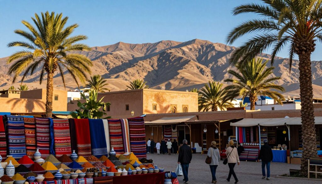 A serene and picturesque landscape depicting the ideal season for a trip to Morocco, featuring a bustling Moroccan market scene in the foreground filled with colorful textiles, pottery, and spices. In the middle ground, capture traditional Moroccan architecture framed by lush palm trees under a clear blue sky. The background should display the majestic Atlas Mountains with soft, warm sunlight casting long shadows, suggesting late afternoon. The atmosphere should be vibrant yet peaceful, evoking a sense of discovery and tranquility. Use natural lighting to emphasize the richness of colors and textures, shot from a slightly elevated angle to provide depth. This image should create a feeling of excitement and adventure without any crowds, perfect for exploring Morocco strategically.