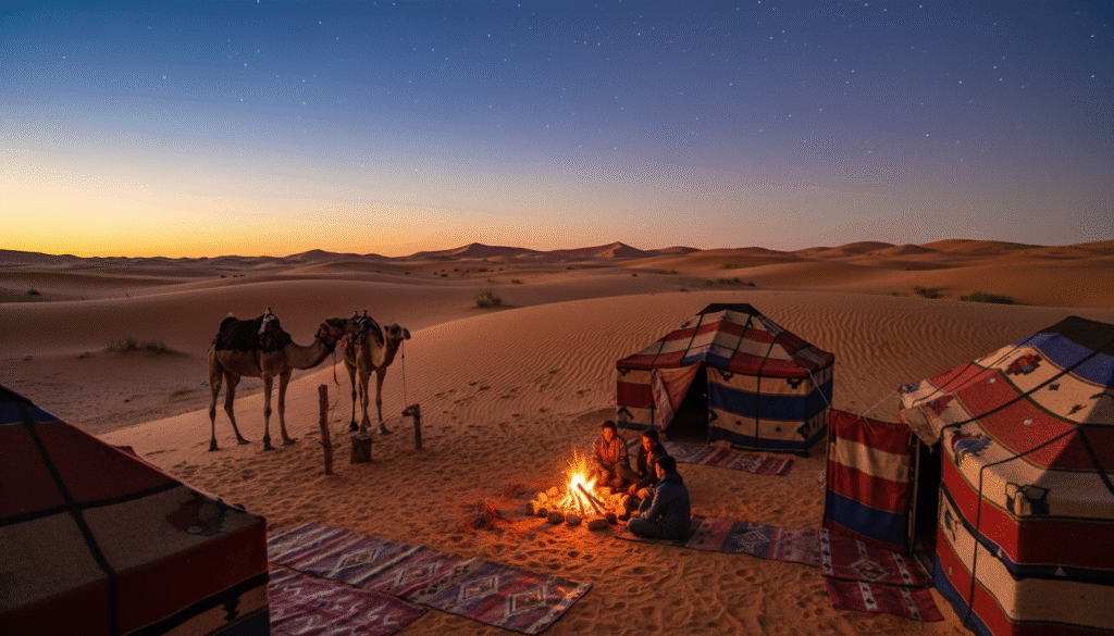 A tranquil scene of camping in the Sahara Desert at dusk. In the foreground, a cozy campfire crackles, surrounded by traditional Berber tents, their colorful patterns vibrant against the golden sands. A couple of camels are tied nearby, their silhouettes softly illuminated by the firelight. In the middle ground, a flat expanse of golden dunes gently rises, reflecting the warm hues of the setting sun, casting long, soft shadows. The background features a stunning, deep blue sky sprinkled with stars, transitioning from twilight. The atmosphere is serene and inviting, evoking a sense of adventure and tranquility. The image should be captured from a low angle to emphasize the dunes and tents, with a wide lens to capture the vastness of the desert landscape.