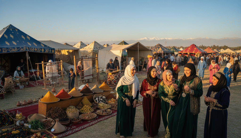 A vibrant Moroccan cultural festival in full swing during spring, showcasing colorful tents adorned with traditional motifs. In the foreground, a diverse group of attendees dressed in modest, flowing traditional attire, engaging in lively conversation and laughter. The middle ground features artisans demonstrating intricate crafts, such as pottery and weaving, surrounded by beautifully arranged displays of local produce and spices. In the background, the sunny blue sky enhances the scene, with the Atlas Mountains faintly visible, creating a stunning contrast. The lighting is warm and inviting, evoking a festive atmosphere. Shot with a wide-angle lens to capture the vibrancy of the event and the natural beauty of the surroundings, conveying the joy and cultural richness of spring in Morocco. A vibrant Moroccan cultural festival in full swing during spring, showcasing colorful tents adorned with traditional motifs. In the foreground, a diverse group of attendees dressed in modest, flowing traditional attire, engaging in lively conversation and laughter. The middle ground features artisans demonstrating intricate crafts, such as pottery and weaving, surrounded by beautifully arranged displays of local produce and spices. In the background, the sunny blue sky enhances the scene, with the Atlas Mountains faintly visible, creating a stunning contrast. The lighting is warm and inviting, evoking a festive atmosphere. Shot with a wide-angle lens to capture the vibrancy of the event and the natural beauty of the surroundings, conveying the joy and cultural richness of spring in Morocco.
