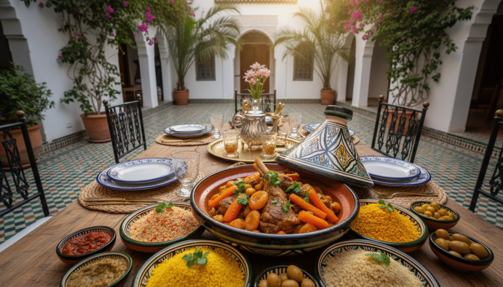 A vibrant Moroccan dining scene showcasing Casablanca cuisine. In the foreground, a beautifully crafted tagine pot, adorned with intricate patterns, filled with aromatic lamb and vegetable stew, surrounded by colorful Moroccan couscous and fresh herbs. In the middle ground, a traditional wooden table with elegant tableware, featuring delicate ceramic plates and brass cutlery, complemented by a fragrant mint tea set. The background reveals a charming courtyard with lush greenery and mosaic tiles, hinting at a warm, inviting atmosphere. Soft, golden lighting bathes the scene, evoking a cozy and festive mood, reminiscent of a welcoming Moroccan home. Shot from a slightly elevated angle to capture the full essence of the table setup.