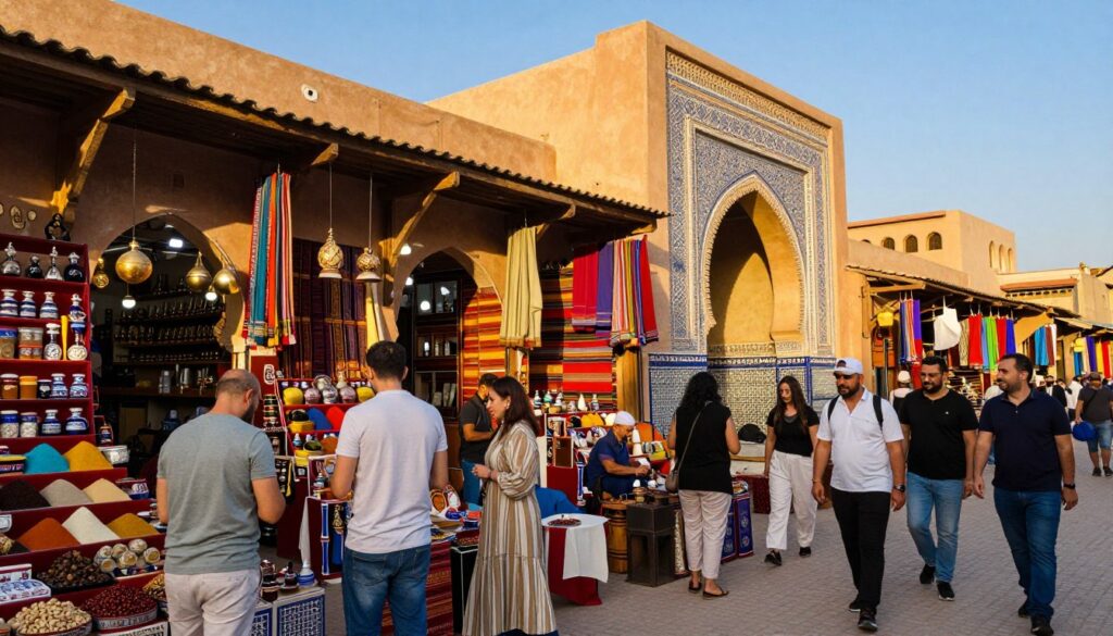 A vibrant Moroccan marketplace scene depicting the best time to visit on a budget. In the foreground, a diverse group of travelers, dressed in modest casual clothing, joyfully exploring colorful stalls brimming with local handicrafts, spices, and textiles. In the middle ground, artisans are seen skillfully crafting their goods, representing the local culture. The background features iconic Moroccan architecture, like ornate arches and vibrant tiles, under a clear blue sky. Warm golden hour lighting casts a soft glow, enhancing the vibrant colors and inviting atmosphere. The overall mood is lively and adventurous, showcasing the charm of Morocco as an accessible and budget-friendly travel destination.