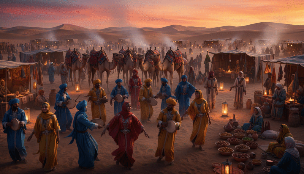 A vibrant Sahara Desert festival scene unfolds, capturing the essence of local culture and celebration. In the foreground, a group of people dressed in colorful traditional attire engage in dance and music, showcasing intricate garb inspired by Berber and Tuareg designs. The middle ground features beautifully decorated camels adorned with rich fabrics, while artisans display handmade crafts and local cuisine in vibrant stalls. In the background, the golden sands of the Sahara stretch under a brilliant sunset, casting warm, orange and purple hues across the sky. The atmosphere is filled with excitement, laughter, and a sense of community, illuminated by softly glowing lanterns. The image is shot from a slightly elevated angle, allowing viewers to appreciate the festival's lively energy and the breathtaking desert landscape.
