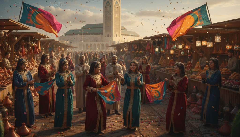 A vibrant scene depicting local holidays in Casablanca, capturing the essence of cultural festivities. In the foreground, a group of locals dressed in traditional attire, joyfully celebrating, with colorful flags and festive decorations surrounding them. In the middle ground, bustling market stalls filled with local crafts, traditional foods, and artisans showcasing their work. The background features the iconic Hassan II Mosque illuminated by soft, golden sunset light, highlighting its architectural beauty. The atmosphere is lively and cheerful, with laughter and music in the air, creating a sense of community and joy. Use a warm color palette, with dynamic shadows and soft focus, conveying a sense of warmth and cultural richness that characterizes local Moroccan holidays.