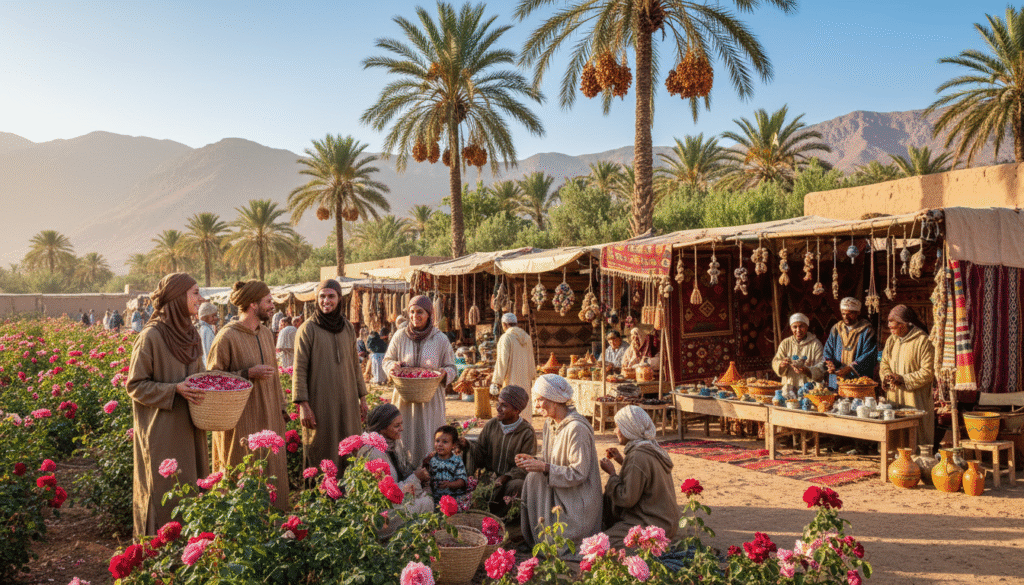 A vibrant scene depicting sustainable tourism during the Rose and Date Festivals in Morocco. In the foreground, a diverse group of travelers dressed in culturally respectful, modest clothing partake in a festive atmosphere, surrounded by blooming rose bushes and lush date palms. The middle ground showcases local artisans displaying handmade crafts and traditional Moroccan food stalls, with patrons engaging warmly. The background features the striking Atlas Mountains under a clear blue sky, with sunlight casting soft, warm tones over the landscape. The overall mood is joyful and communal, capturing the essence of cultural celebration and environmental respect. Soft, natural lighting enhances the scene, giving it a cheerful and inviting ambiance. A vibrant scene depicting sustainable tourism during the Rose and Date Festivals in Morocco. In the foreground, a diverse group of travelers dressed in culturally respectful, modest clothing partake in a festive atmosphere, surrounded by blooming rose bushes and lush date palms. The middle ground showcases local artisans displaying handmade crafts and traditional Moroccan food stalls, with patrons engaging warmly. The background features the striking Atlas Mountains under a clear blue sky, with sunlight casting soft, warm tones over the landscape. The overall mood is joyful and communal, capturing the essence of cultural celebration and environmental respect. Soft, natural lighting enhances the scene, giving it a cheerful and inviting ambiance.