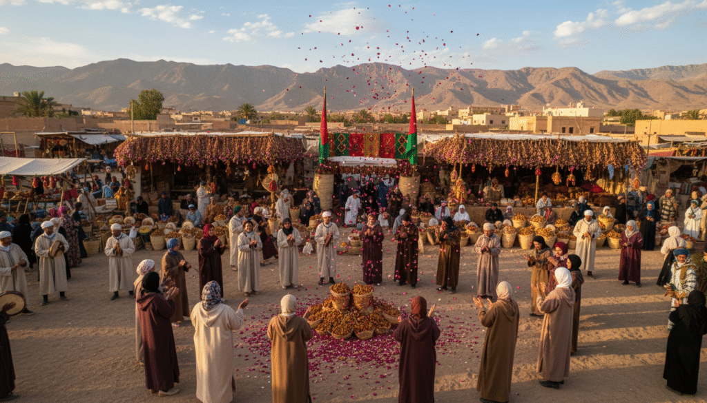A vibrant scene depicting the Morocco harvest festivals, showcasing the bustling festivities in Kelaat M’Gouna and Erfoud. In the foreground, groups of people in modest casual clothing are joyfully participating in traditional dances, surrounded by colorful rose petals and dates. In the middle ground, market stalls display an abundance of fresh roses, dates, and local handicrafts, creating a sensory feast. The background features the stunning Atlas Mountains under a bright blue sky with fluffy white clouds, adding depth to the setting. Soft warm sunlight bathes the scene, creating a lively and inviting atmosphere. Capture the essence of celebration and community spirit, with the camera angle slightly above eye level to encompass the festival’s vibrancy and energy. A vibrant scene depicting the Morocco harvest festivals, showcasing the bustling festivities in Kelaat M’Gouna and Erfoud. In the foreground, groups of people in modest casual clothing are joyfully participating in traditional dances, surrounded by colorful rose petals and dates. In the middle ground, market stalls display an abundance of fresh roses, dates, and local handicrafts, creating a sensory feast. The background features the stunning Atlas Mountains under a bright blue sky with fluffy white clouds, adding depth to the setting. Soft warm sunlight bathes the scene, creating a lively and inviting atmosphere. Capture the essence of celebration and community spirit, with the camera angle slightly above eye level to encompass the festival’s vibrancy and energy.