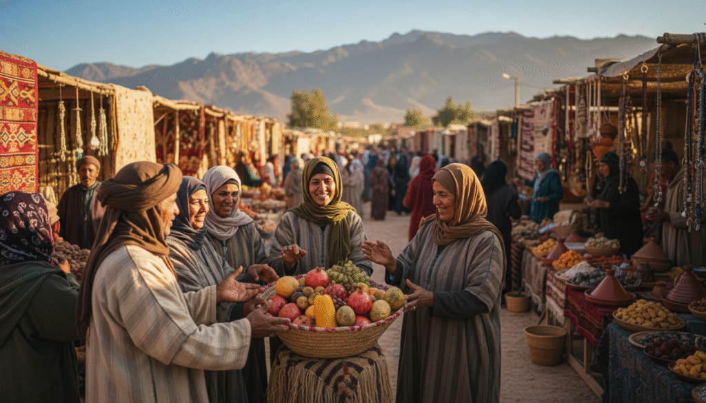 A vibrant scene of a harvest festival in Morocco during October, showcasing traditional farmers in modest clothing celebrating the autumn bounty. In the foreground, a group of cheerful men and women gather around a large, woven basket filled with colorful fruits and vegetables, including pomegranates, figs, and squash, radiating the richness of the harvest. In the middle ground, rustic stalls display handmade crafts and regional delicacies, with people engaging in cheerful conversation. The background features the stunning Atlas Mountains under a clear, sunny sky, hinting at perfect fall weather. Soft, warm lighting enhances the inviting atmosphere, while a slight lens blur on the background creates depth, capturing the essence of Moroccan culture amidst a lively, communal celebration.