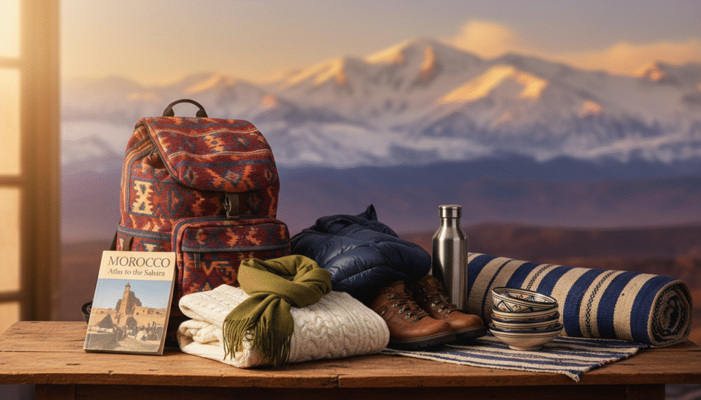 A well-organized travel packing scene showcasing winter essentials for Morocco during December to February. In the foreground, neatly folded layers of lightweight, warm clothing such as a cozy sweater, a light scarf, and a warm jacket, arranged around a patterned backpack. In the middle, an assortment of travel accessories including a travel guidebook, a reusable water bottle, and a pair of comfortable walking shoes, framed against a backdrop of traditional Moroccan textiles and pottery. The background features a soft-focus glimpse of a Moroccan landscape, hinting at vibrant colors of the mountains dusted with snow. Soft, warm lighting enhances the cozy atmosphere, evoking a sense of anticipation for winter adventures in Morocco. A slight top-down angle adds depth, inviting viewers to visualize a serene packing experience. A well-organized travel packing scene showcasing winter essentials for Morocco during December to February. In the foreground, neatly folded layers of lightweight, warm clothing such as a cozy sweater, a light scarf, and a warm jacket, arranged around a patterned backpack. In the middle, an assortment of travel accessories including a travel guidebook, a reusable water bottle, and a pair of comfortable walking shoes, framed against a backdrop of traditional Moroccan textiles and pottery. The background features a soft-focus glimpse of a Moroccan landscape, hinting at vibrant colors of the mountains dusted with snow. Soft, warm lighting enhances the cozy atmosphere, evoking a sense of anticipation for winter adventures in Morocco. A slight top-down angle adds depth, inviting viewers to visualize a serene packing experience.